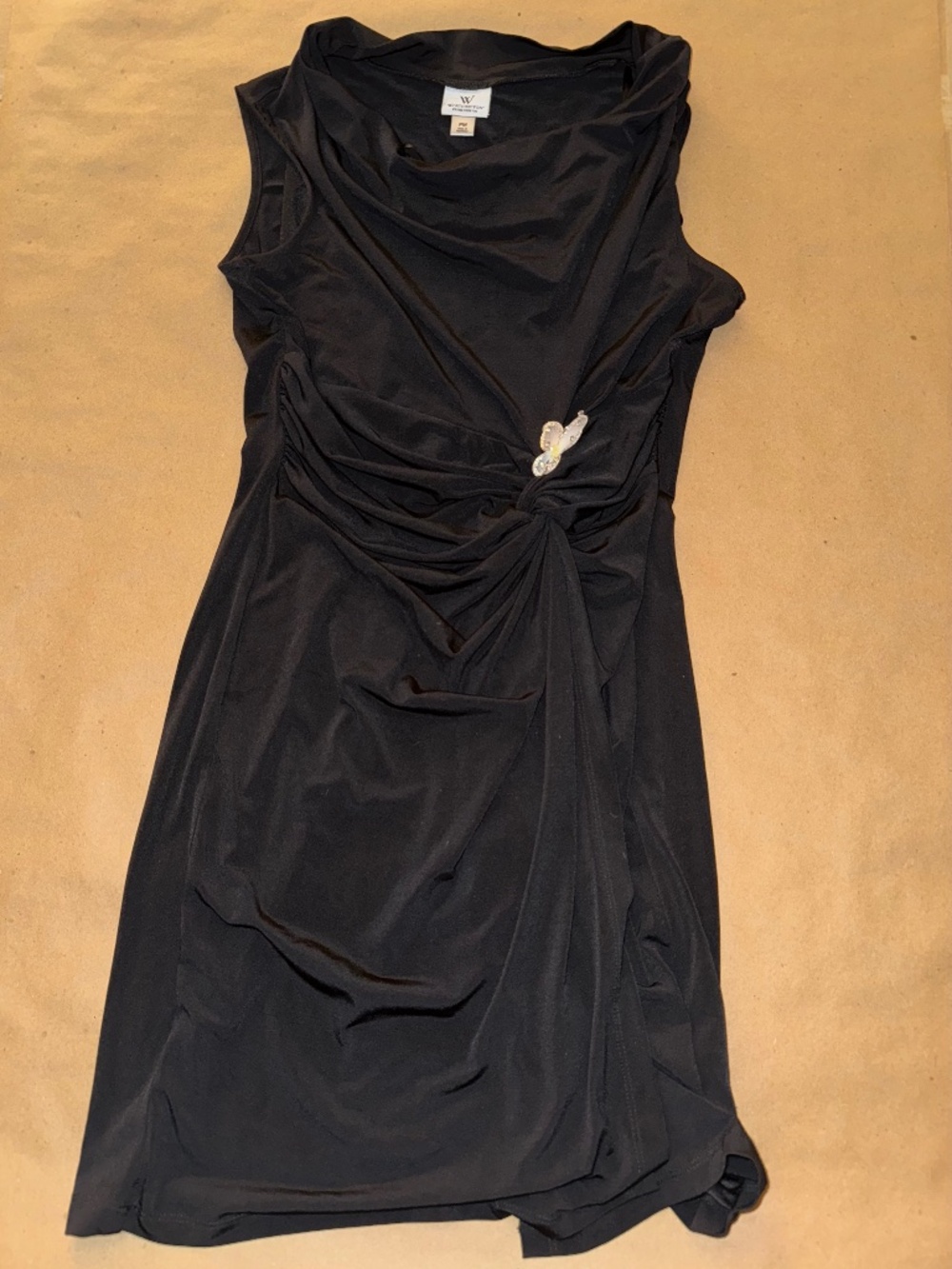 Worthington Petite Medium Black Sleeveless Cowl Neck Ruched Dress Butterfly